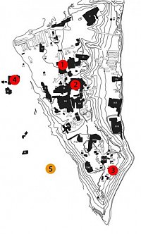 Abb. 4: Olbia Pontike. Plan der Stadt mit Lage der bislang bekannten Heiligtmer (1–4) 
sowie der Anomalie sdwestlich des Kernstadtareals (5) (Foto: Olbia-Projekt)

